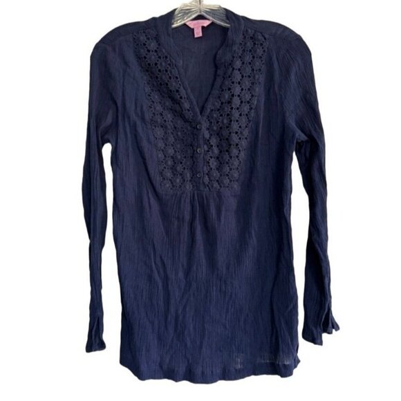 Lilly Pulitzer Tops - Lilly Pulitzer Freya Crochet Tunic Top Navy Blue Gauze V-Neck Floral Women's S